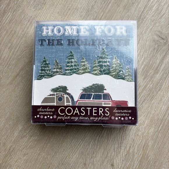 CHRISTMAS COASTERS SET 4 NEW THIRSTYSTONE OCCASIONS HOME FOR HOLIDAYS CAMPER. - Picture 2 of 5